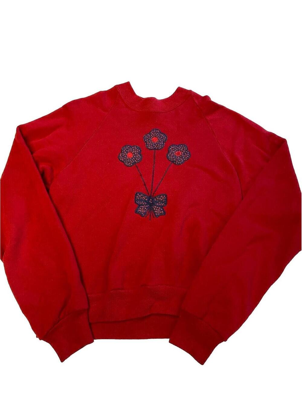 Womens JERZEES Red Vintage USA Made Stitched Flowers Crew Sweatshirt Sz M